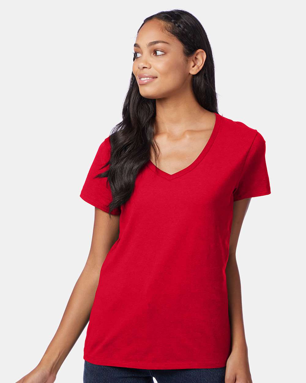 Hanes S04V Women's Perfect-T V-Neck T-Shirt in Deep Red size Medium | Ringspun Cotton