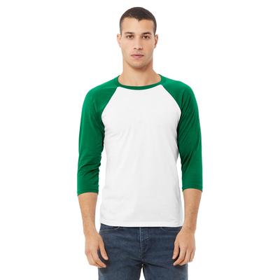Bella + Canvas 3200 3/4-Sleeve Baseball T-Shirt in White/Kelly size 2XL | Ringspun Cotton B3200, BC3200