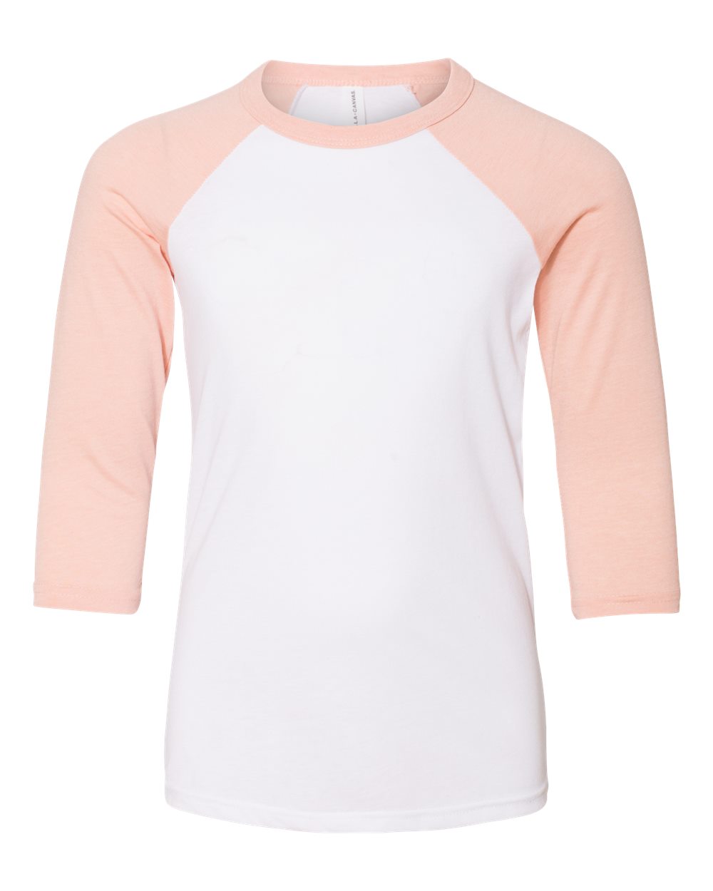 Bella + Canvas 3200Y Youth Three-Quarter Sleeve Baseball Top in White/Heather Peach | Cotton/Polyester Blend B3200Y