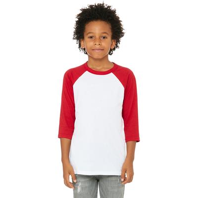 Bella + Canvas 3200Y Youth 3/4-Sleeve Baseball T-Shirt in White/Red size Medium | Cotton/Polyester Blend B3200Y