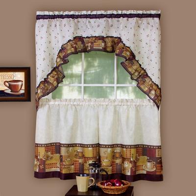 Wide Width Coffee Printed Tier and Swag Window Curtain Set by Achim Home Décor in Multi (Size 57" W 24" L)