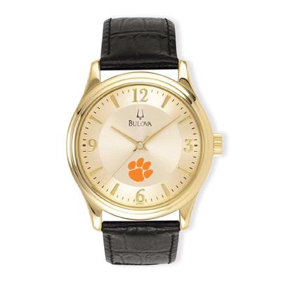 "Clemson Tigers Gold/Black Stainless Steel Leather Band Watch"