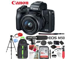 Canon EOS M50 Mirrorless Digital Camera + 15-45mm Lens Microphone Deluxe Bundle Black