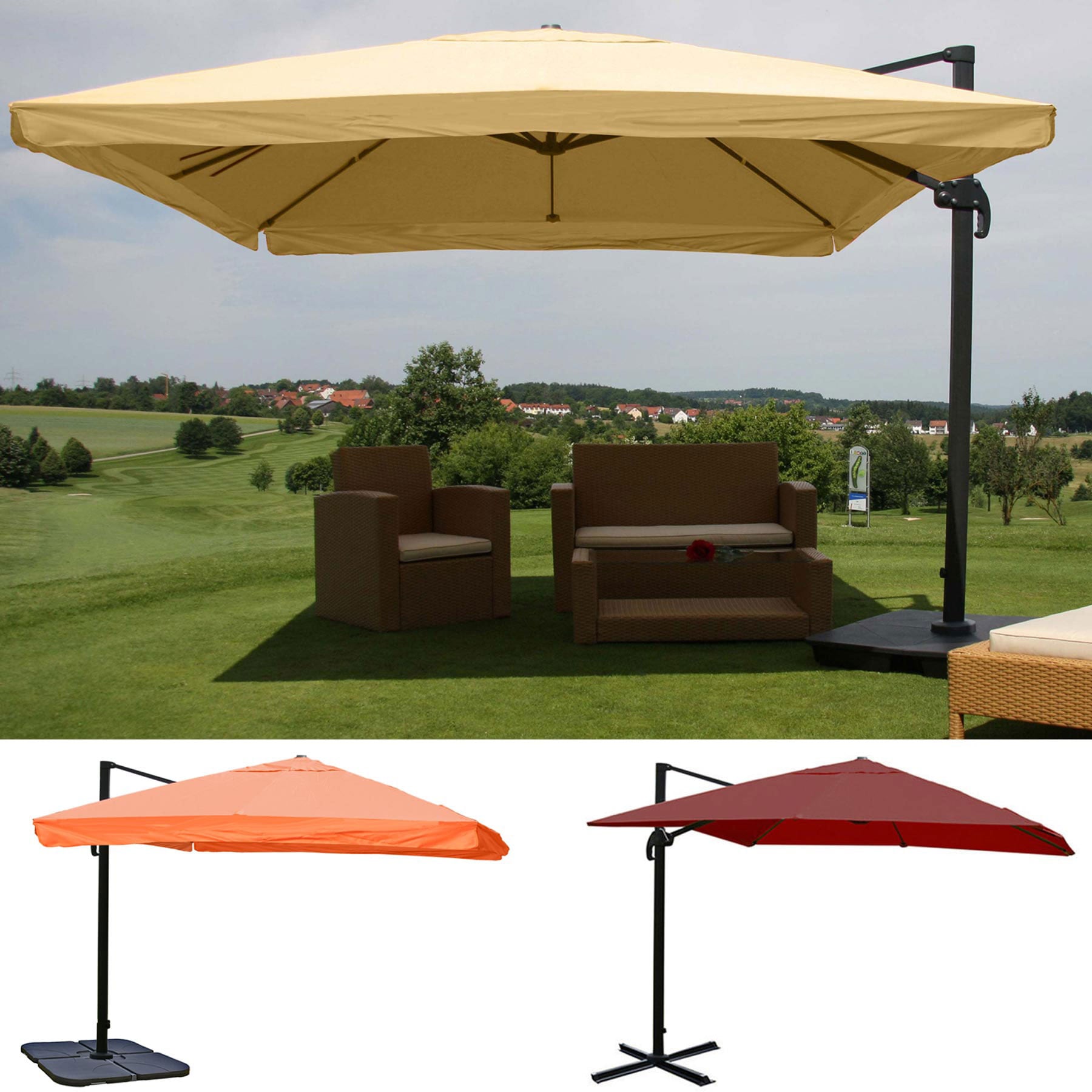 Ampelschirm HWC-A96, Sonnenschirm Gastronomie 3x3m (Ø4,24m) Polyester/Alu 23kg ~ Flap, creme mit Ständer Image