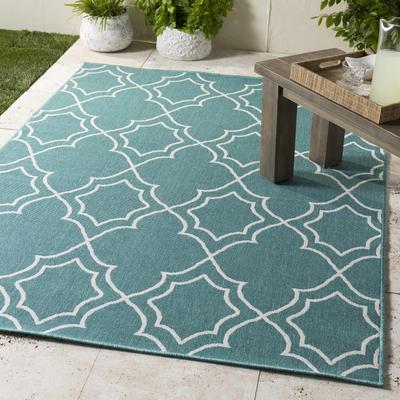Folsom 5'3" Round Cottage Teal/White Outdoor Area Rug - Boutique Rugs