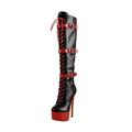 MissHeel Women's Closed Toe Knee High Boots Lace-up and Side Zippers Platform Stiletto High Heels Casual Dress Booties Black and Crimson Size 3