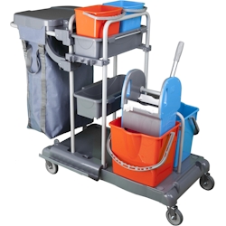 CleanSV® Tyson 4 Profi PE Reinigungswagen, mit Moppresse, 2 x 15 Liter Eimer, 2 x 6 Liter Eimer, 2 Ablagen, Müllsackhalter Image