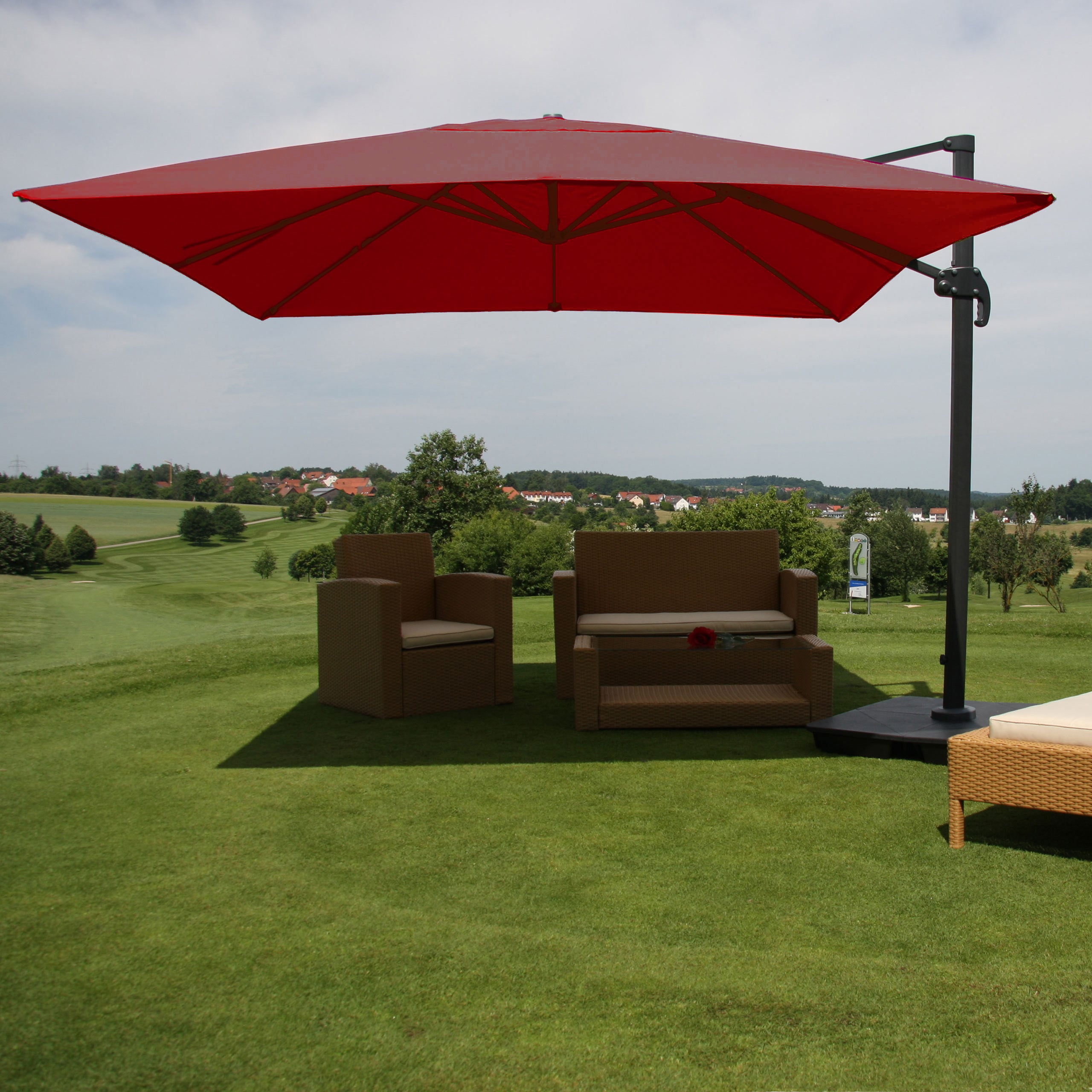 Gastronomie-Ampelschirm HWC-A96, Sonnenschirm 3x3m (Ø4,24m) Polyester Alu/Stahl 23kg ~ bordeaux mit Ständer Image