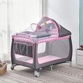 Baby Travel Cot 114 x 77 cm, Portable 2 in 1 Baby Crib Bed and Playpen with Carrying Bag, Foldable Infant Nursery Center with Wheels Changing Table Folding Mattress, Grey-Pink