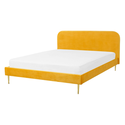 Bett Gelb Samtstoff mit Lattenrost 140 x 200 cm Metallfüße Gold hohes Kopfteil Retro Glamourös Polsterbett Doppelbett Sc