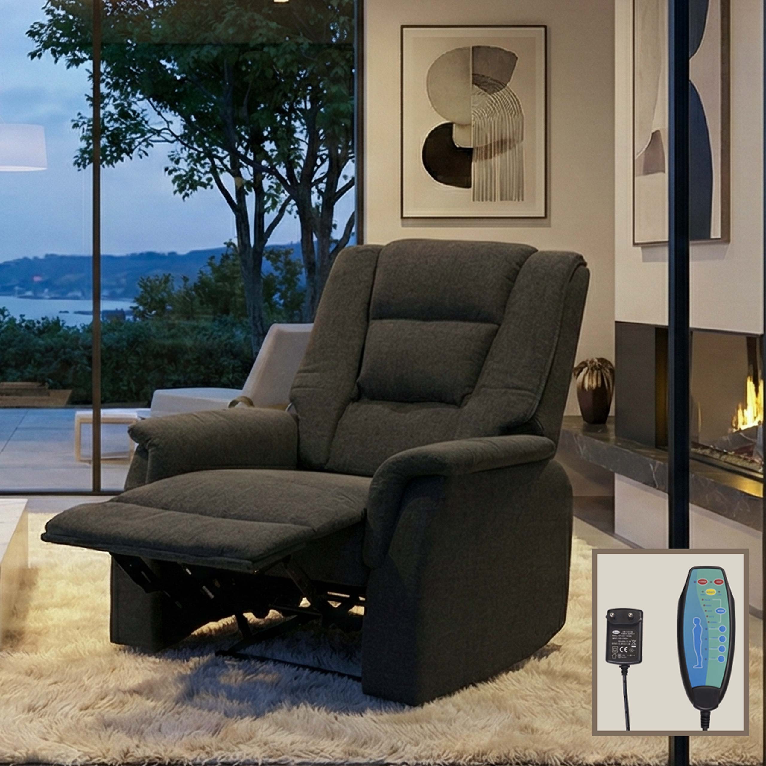 Fernsehsessel HWC-F23, Relaxsessel Liege Sessel, Stoff/Textil 102x79x96cm ~ grau inkl. Massage- und Wärmefunktion Image