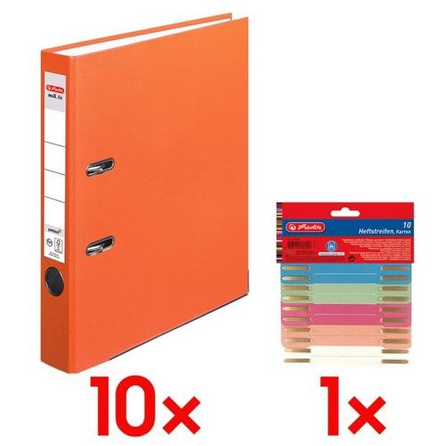 10x Ordner »maX.file protect« schmal inkl. 10er-Pack Heftstreifen »Recycling« orange, Herlitz, 5×31.8×28.5 cm
