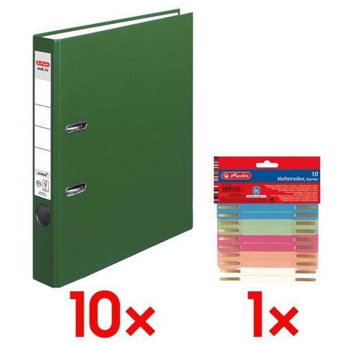 10x Ordner »maX.file protect« schmal inkl. 10er-Pack Heftstreifen »Recycling« grün, Herlitz, 5×31.8×28.5 cm