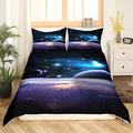 Galaxy Duvet Cover Set Double Size Space Boundless Bedding Set Forest Patterns Decorative Cosmic Planet Purple 3 Pcs Comforter Cover with 2 Pillow Shams Microfiber Quilt Cover Zipper