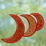 The Holiday Aisle® 3 Piece Crescent Moon Hand Painted Holiday Holiday Shaped Ornament Set Wood in Brown/Red | 3.5 H x 4.9 W x 0.2 D in | Wayfair