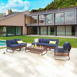 Andover Mills™ Heiman 7 Piece Rattan Sofa Seating Group w/ Cushions Synthetic Wicker/All - Weather Wicker/Wicker/Rattan in Black/Brown | Outdoor Furniture | Wayfair