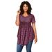 Plus Size Women's Swing Ultra Femme Tunic by Roaman's in Berry Flower Medallion (Size 30/32) Short Sleeve V-Neck Shirt