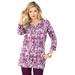 Plus Size Women's Three-Quarter Notch-Neck Soft Knit Tunic by Roaman's in Berry Abstract Print (Size 30/32) Long Shirt