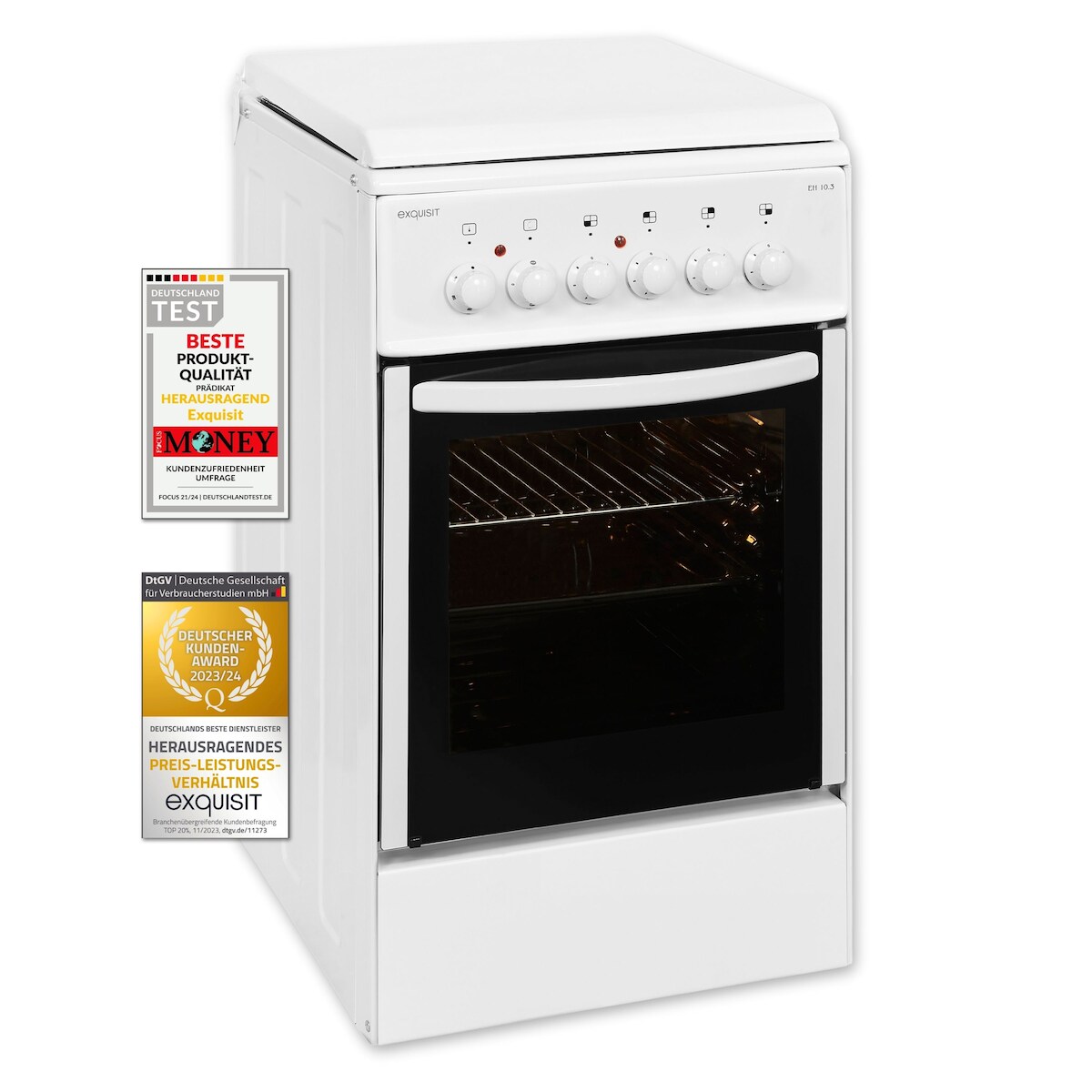 Exquisit EH 10.3 F2 Elektro-Standherd | Ober-/Unterhitze, |Backofen-Volumen: 51 l | EEK: A |Weiß Image