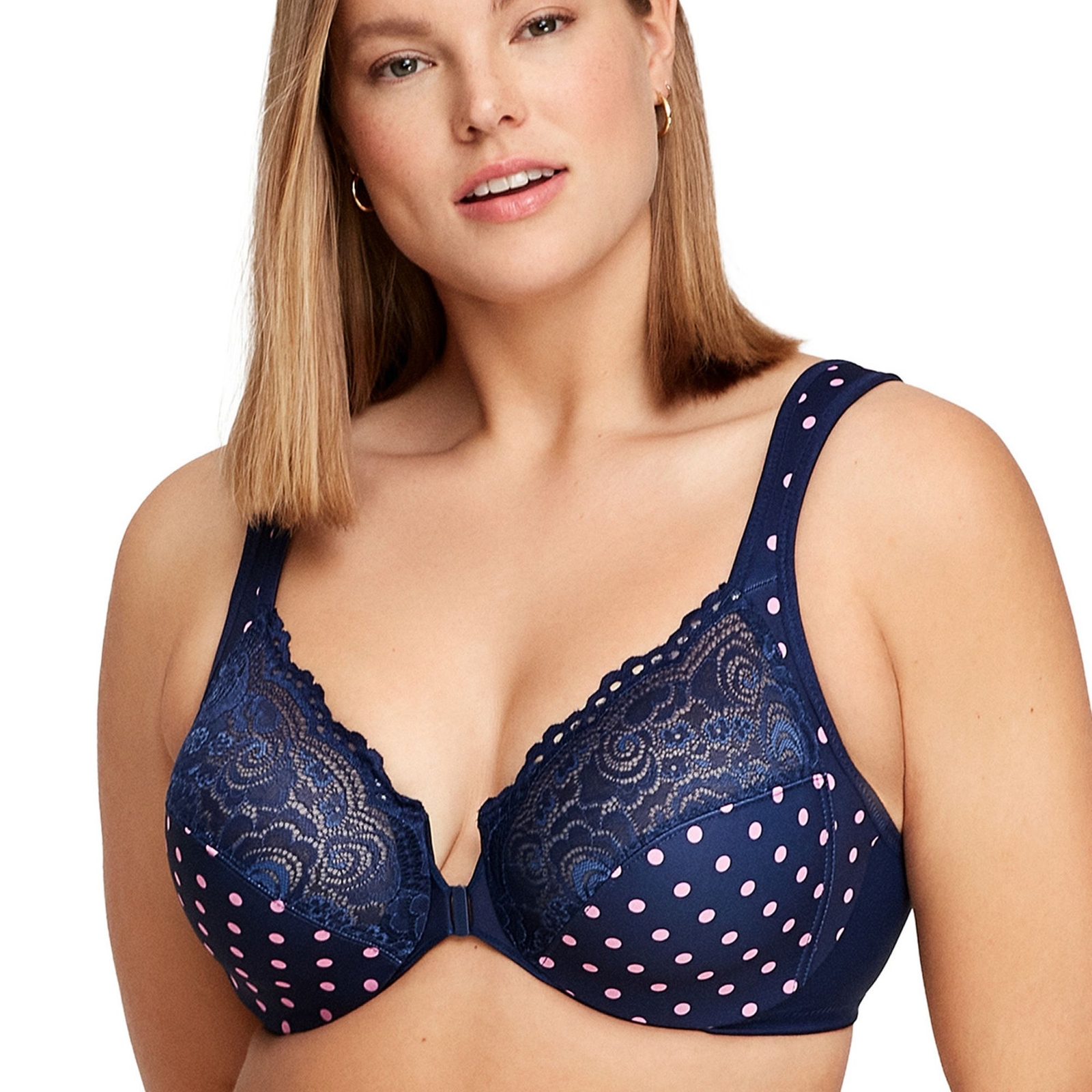 Glamorise Front-Close Wonderwire Bra (Size 40-G) Navy/Polka Dot, Elastine,Nylon,Polyester
