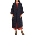 LZJN Women's Autumn Winter Coat Cotton Linen Jacquard Padded Jacket Quilted Bandage Long Parkas (Navy, One Size)