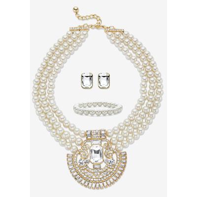 Women's Gold Tone Simulated Pearl Bib 17" Necklace Set with Emerald Cut Crystals by PalmBeach Jewelry in Diamond