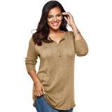 Plus Size Women's Fine Gauge Drop Needle Henley Sweater by Roaman's in Soft Camel (Size 3X)
