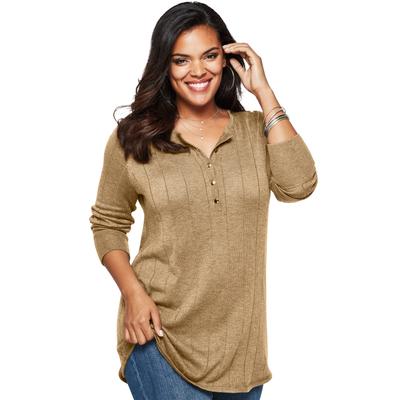 Plus Size Women's Plus Size Drop Needle Henley Lightweight Sweater Knit by Roaman's in Soft Camel (Size 3X)