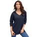Plus Size Women's Fine Gauge Drop Needle V-Neck Sweater by Roaman's in Navy (Size S)