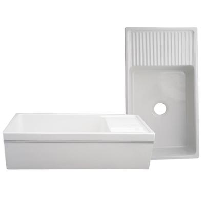 Whitehaus Collection Quatro Alcove Farmhaus Reversible Fireclay Farmhouse Sink with Drain Board WHQD540-WHITE