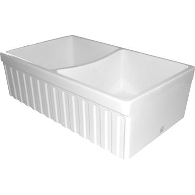 Whitehaus Collection Quatro Alcove Fireclay Double Bowl Fluted Apron Front Farmhouse Kitchen Sink WHQDB332-WHITE