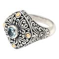 'Gold-accented Blue Topaz Swirl Motif Cocktail Ring from Bali'