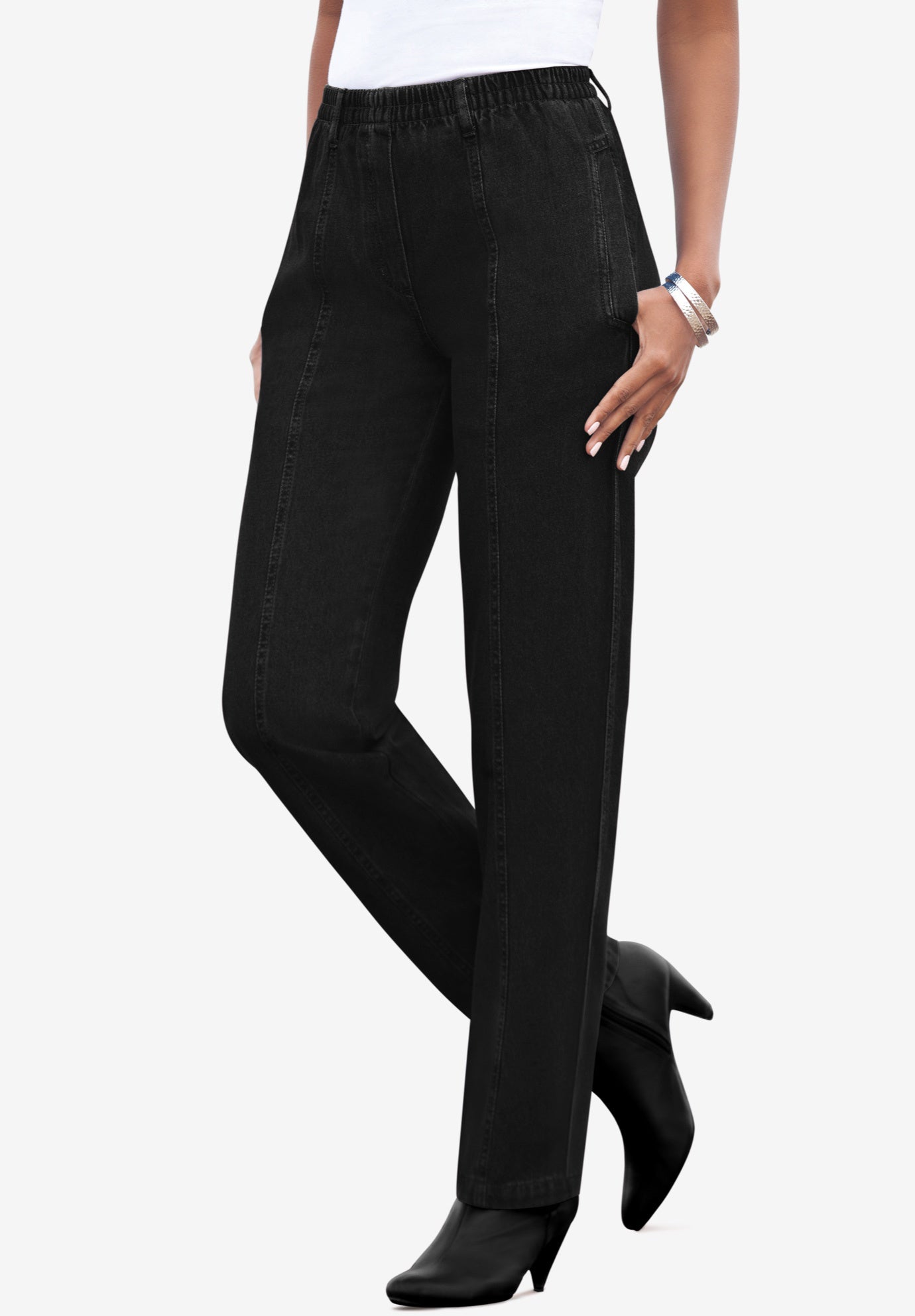 Plus Size Women's Plus Size Easy-Wear Straight Leg Jean by Roaman's in Black Denim (Size 26 W) 100% Cotton Elastic Waist Denim