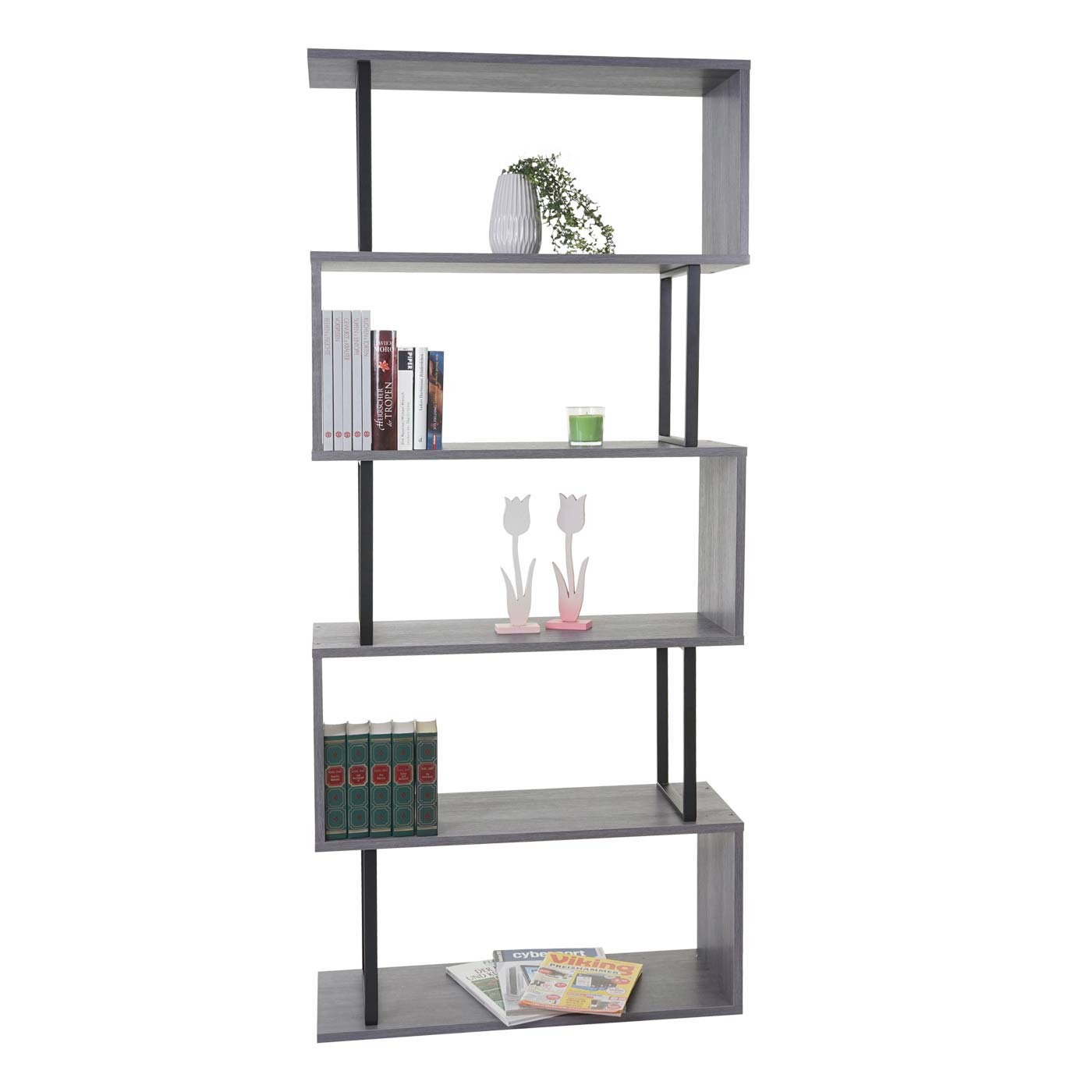 Bücherregal HWC-A27, Standregal Wohnregal, 183x80cm 3D-Struktur 5 Ebenen ~ grau, Metall schwarz