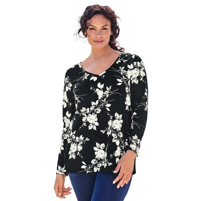 Plus Size Women's Ultimate Long Sleeve V Neck Tee by Roaman's in Black Ivory Floral (Size 18/20) Shirt