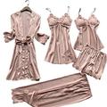 Chongmu 5pcs Womens Silk Satin Pyjama Sets Cami and Shorts Sleepwear Robe Gown Set V-Neck Nightdress Sexy Lingerie Pants Pink