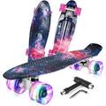 BELEEV Skateboard Complete Mini Cruiser Skateboard for Kids Teens Adults, Led Light up Wheels with All-in-One Skate T-Tool for Beginners(Galaxy purple)