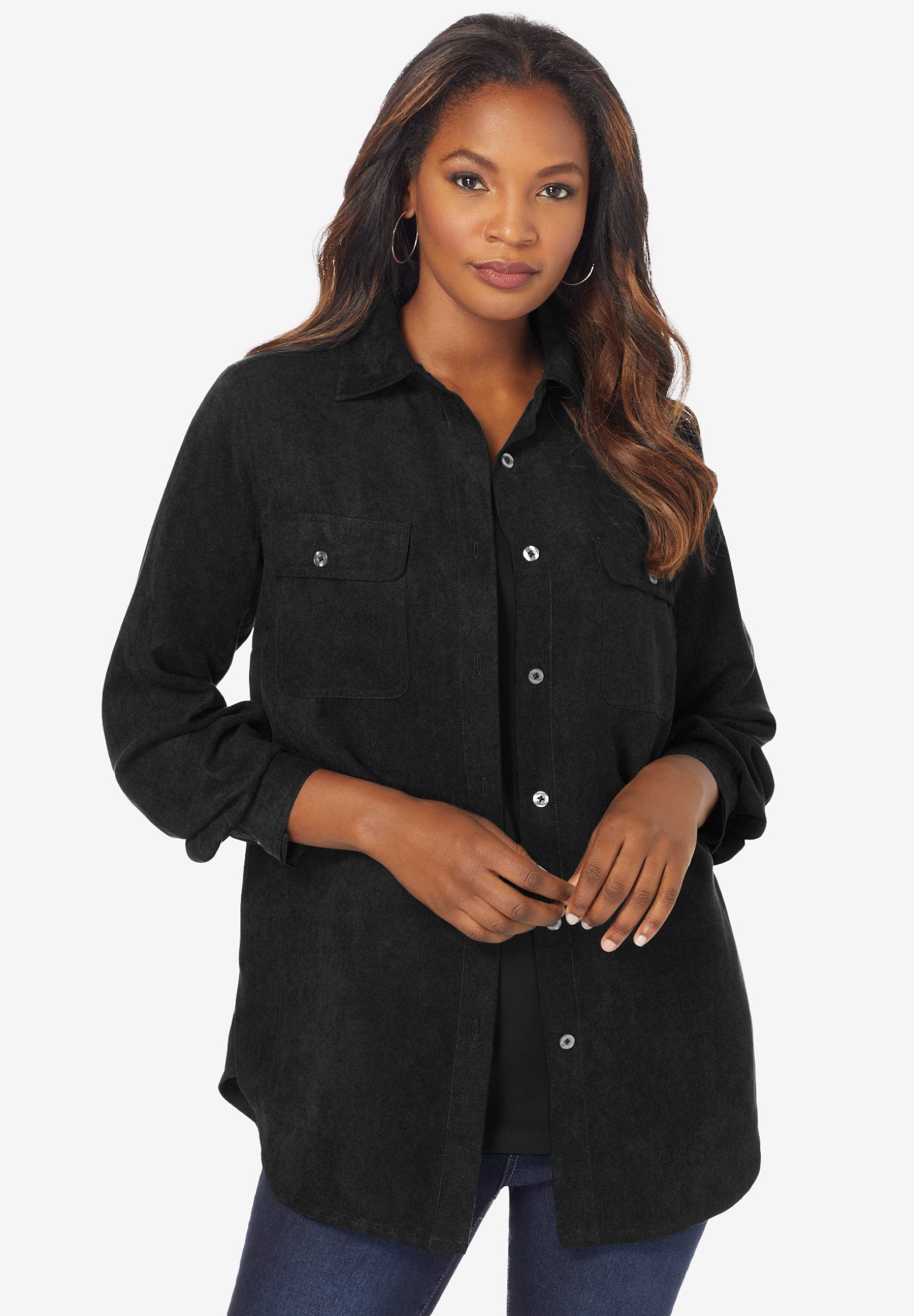 Plus Size Women's Faux Suede Button-Front Shirt by Roaman's in Black (Size 32 W) Button Down