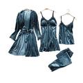 Chongmu Women Velvet Pyjama Sets Lace Cami Long Sleeve Robes 4pcs Sleepwear Pants Sexy Nightdress Gray Blue