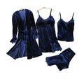 Chongmu Women Velvet Pyjama Sets Lace Cami Long Sleeve Robes 4pcs Sleepwear Pants Sexy Nightdress Navy