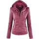 Newbestyle Faux Leather Jacket for Women Hooded Moto Biker Jacket Zip-Up Pleated Jacket Casual Coat Tops Vivid Burgundy 2XL