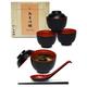 4 Sets (16 Pieces) of Traditional Japanese Style Melamine Noodle Ramen Rice Miso Soup Bowls with Matching Lids Spoons and Chopsticks in Red