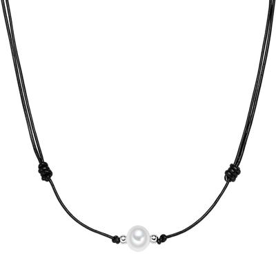 Valero Pearls - Kette Echtleder schwarz Süßwasser-Zuchtperle weiß Ketten 1 ct Damen