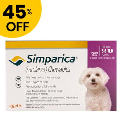 45% Off Simparica For Dogs 5.6-11 Lbs (Purple) 6 Doses