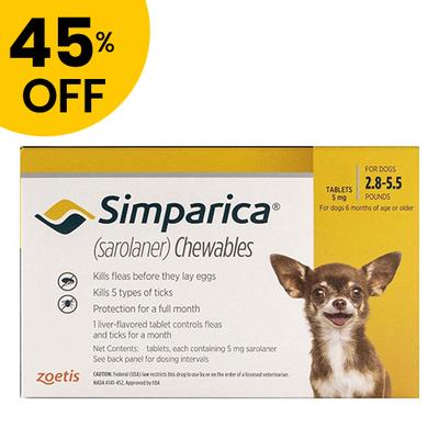 45% Off Simparica For Dogs 2.8-5.5 Lbs (Yellow) 6 Doses