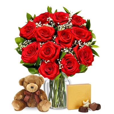 One Dozen Long Stem Red Roses w/ Chocolates & Bear