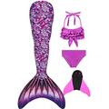 Decool Girl's Mermaid Tail Swimsuit, Princess, Cosplay, Swimming Costume, with Bikini Set and Monofin, 4-Piece Set, Ps15, 140/150 cm