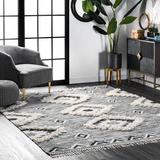Black/Gray 72 x 0.75 in Area Rug - Union Rustic Adi Moroccan Lattice Hand-Knotted Wool Fringed Gray Area Rug Wool | 72 W x 0.75 D in | Wayfair
