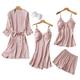 Chongmu Womens 4pcs Silk Pyjama Nightwear Satin Sleepwear Pajamas Set with Shorts Nightdress Pink