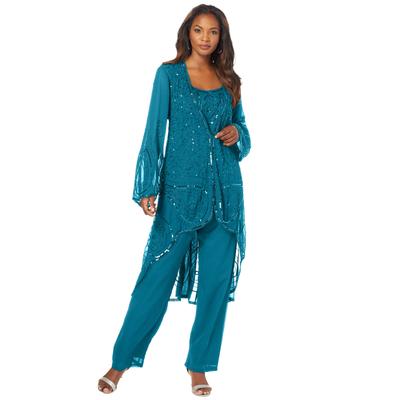 Plus Size Women's Three-Piece Beaded Pant Suit by Roaman's in Deep Teal (Size 26 W) Sheer Jacket Formal Evening Wear